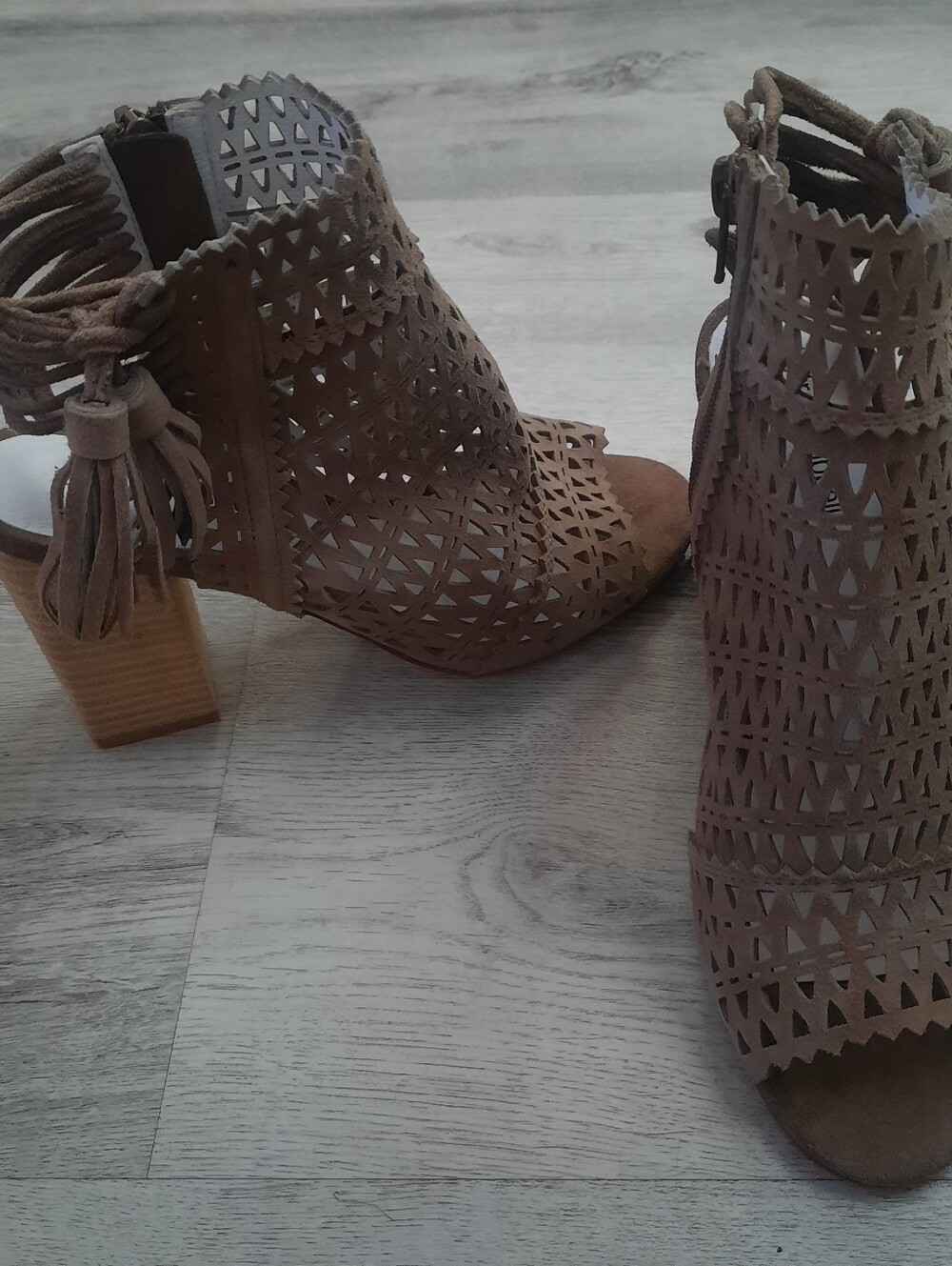 Jeffery Campbell Taupe Laser-Cut Block Heel Sandals